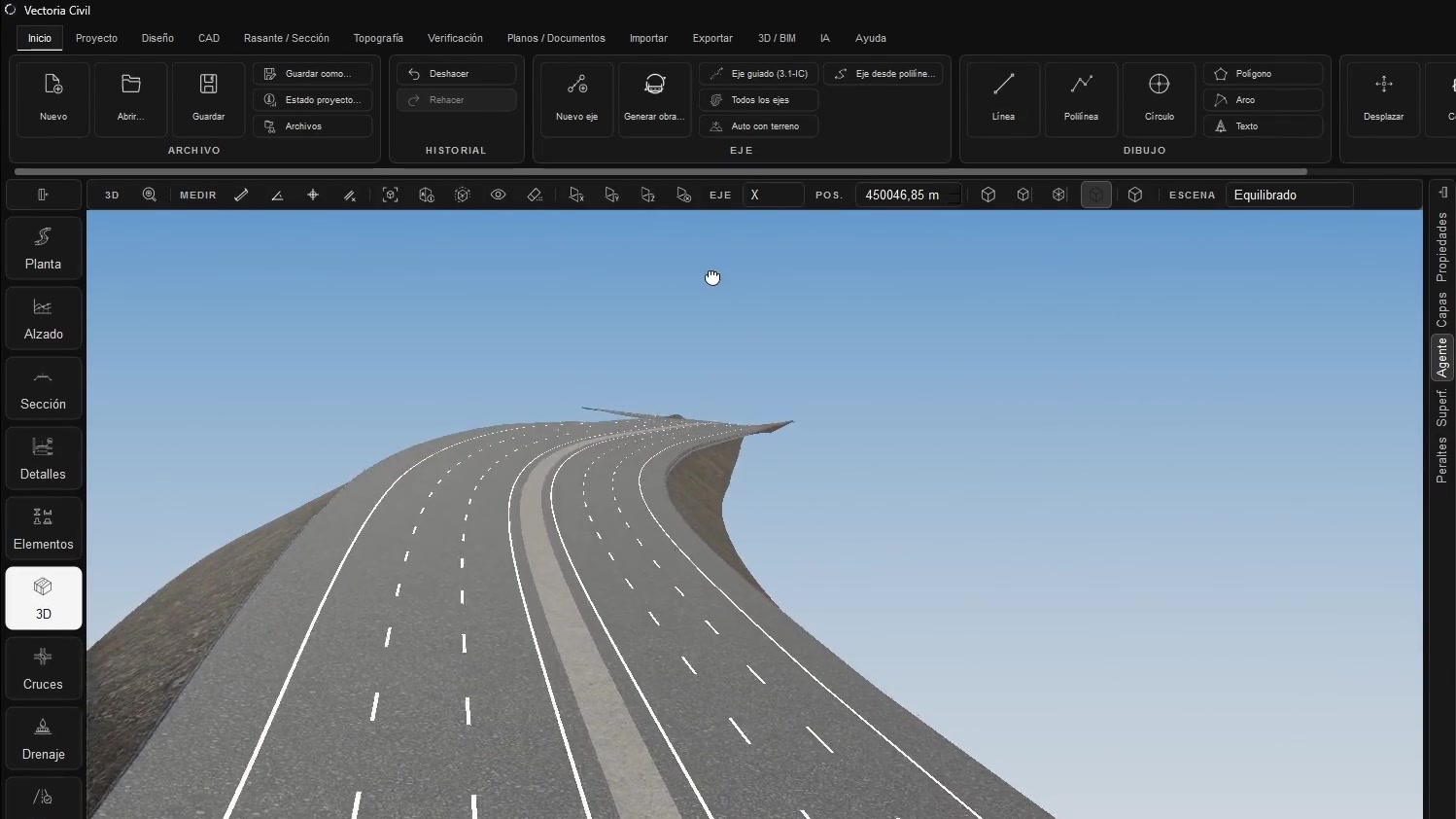 Vista tridimensional de una carretera modelada en Vectoria Civil con calzadas, mediana y taludes.