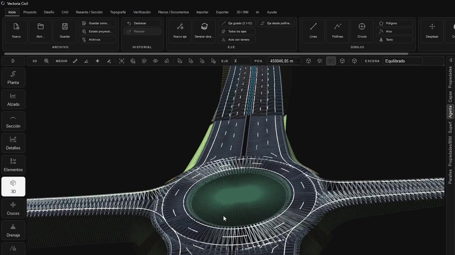 Glorieta modelada en Vectoria Civil con patas, anillo, marcas viales, firmes y taludes visibles en 3D.