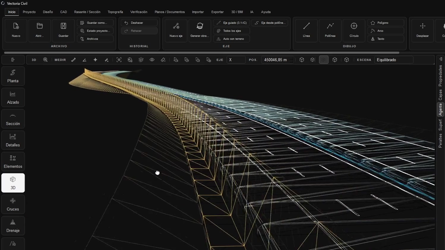 Vista tridimensional de una obra lineal con plataforma, capas, taludes y líneas características.